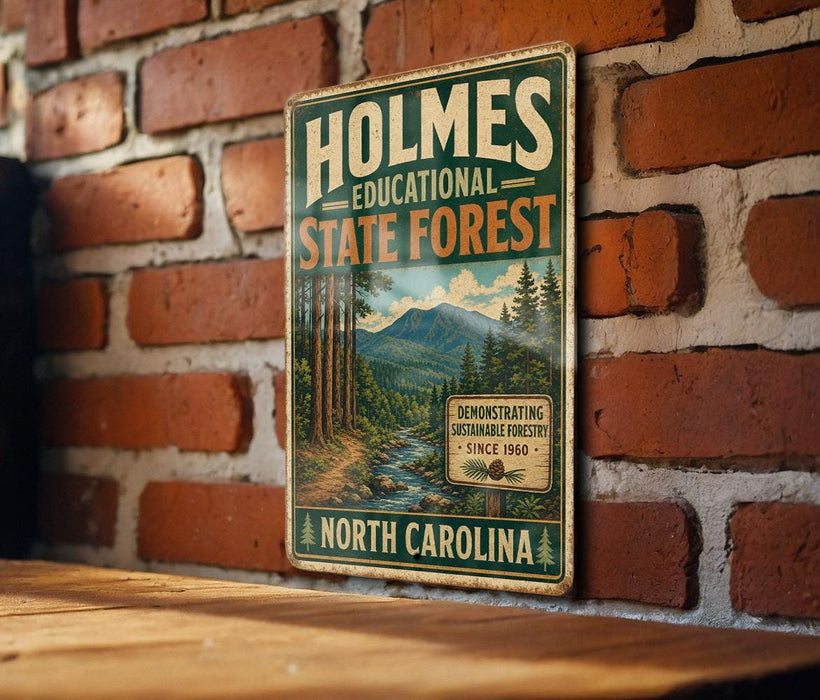A vintage-style metal sign for the Holmes Educational State Forest in North Carolina, featuring a scenic illustration of a forest and mountains.