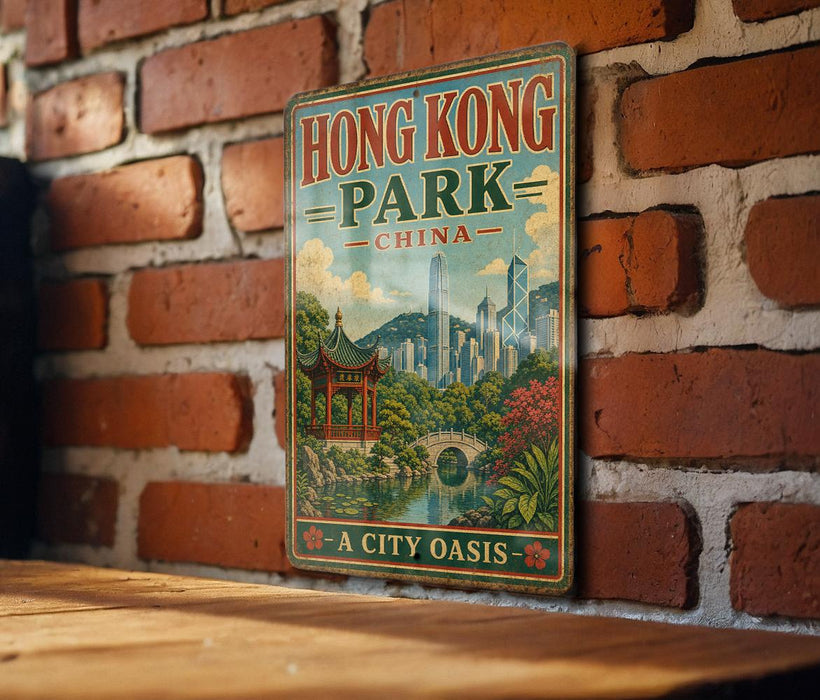 A vintage-style poster of Hong Kong Park, China, featuring a scenic illustration of the park and its surroundings, is displayed on a brick wall.
