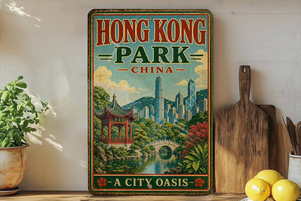 A vintage-style poster of Hong Kong Park, China, featuring a traditional Chinese pavilion and a modern city skyline, is displayed on a wall next to a wooden cutting board and a potted plant.