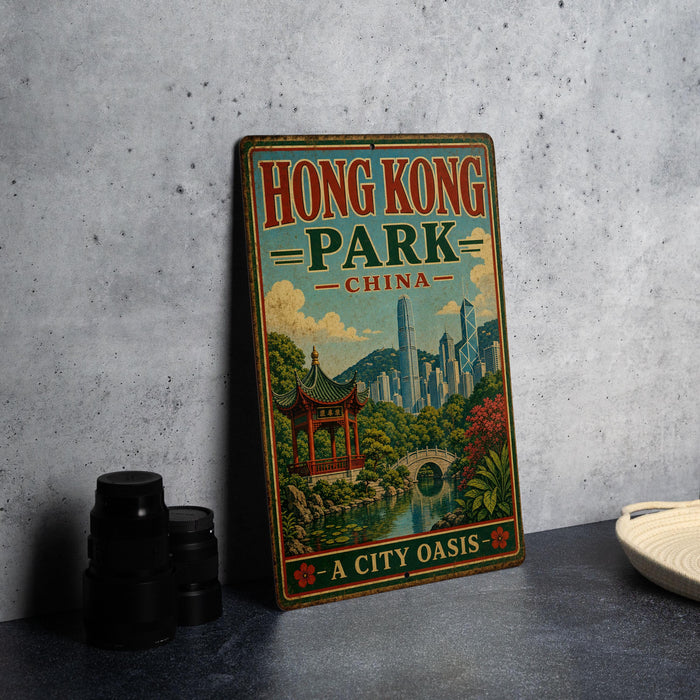 A vintage-style sign for Hong Kong Park, China, featuring a scenic illustration of the park and its surroundings.