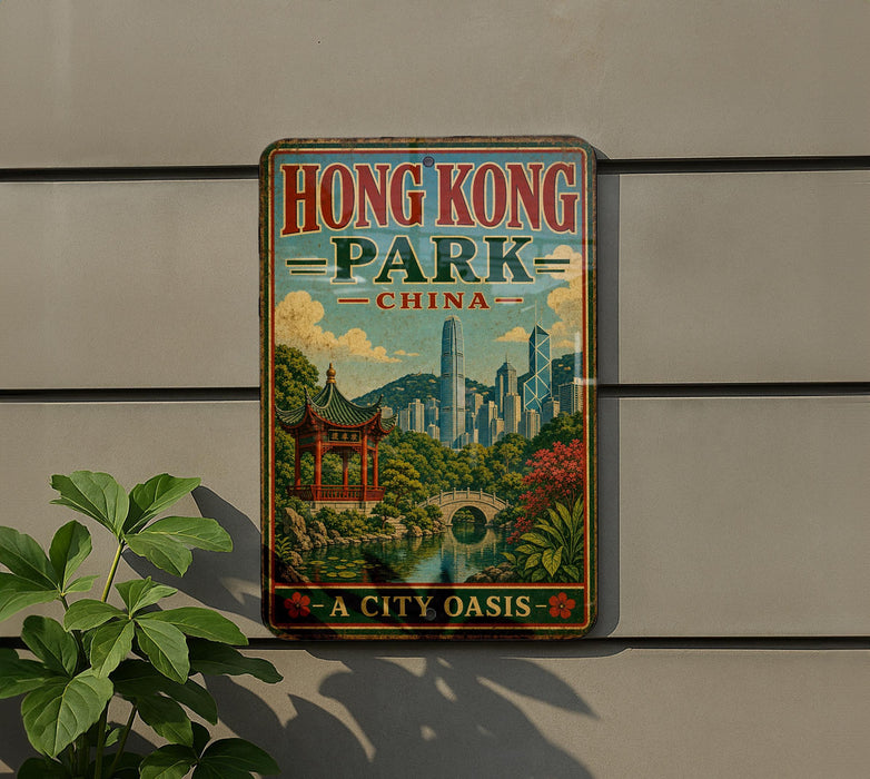 A vintage-style metal sign with the text "HONG KONG PARK CHINA" and a scenic illustration of the city of Hong Kong, featuring traditional Chinese architecture, a pagoda, and a bridge.