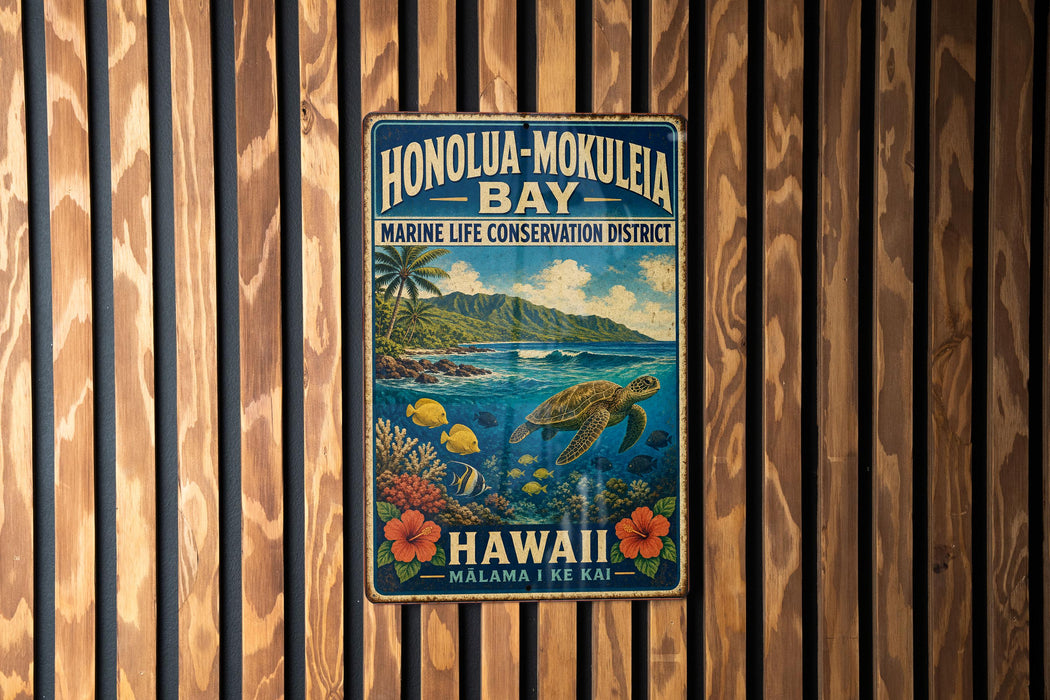 A vintage metal sign for the Honolulu-Mokulele Bay Marine Life Conservation District, featuring a tropical beach scene with a sea turtle, palm trees, and colorful flowers.