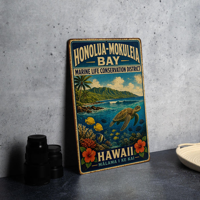 A vintage metal sign for Honolulu-Mokulele Bay, Hawaii, featuring a tropical beach scene with a sea turtle, palm trees, and colorful fish.