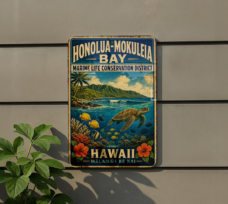 A vintage metal sign for Honolulu-Mokuleleia Bay, the Marine Life Conservation District, featuring a tropical beach scene with a sea turtle, colorful fish, and flowers.