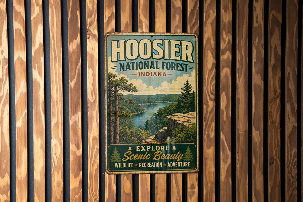 A vintage-style metal sign for Hoosier National Forest in Indiana, featuring a scenic landscape with a lake and mountains.