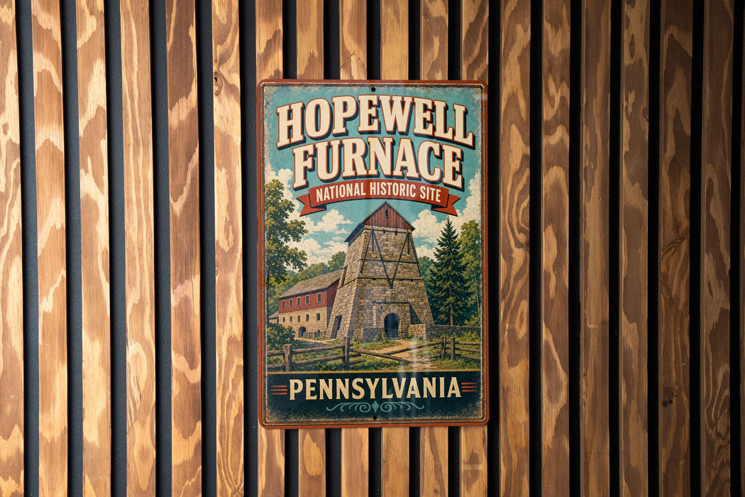 A vintage-style metal sign for the Hopewell Furnace National Historic Site in Pennsylvania, featuring an illustration of a historic building.