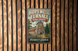 A vintage-style metal sign for the Hopewell Furnace National Historic Site in Pennsylvania, featuring an illustration of a historic building.