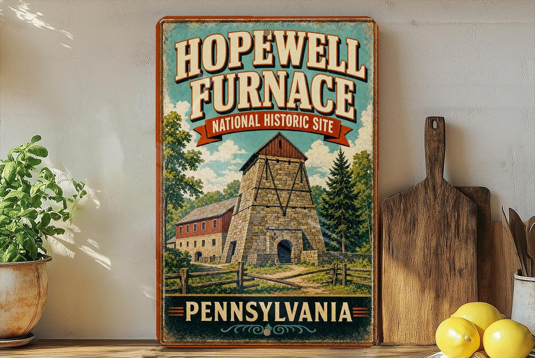 A vintage-style sign for the Hopewell Furnace National Historic Site in Pennsylvania, featuring an illustration of a stone building with a tower.