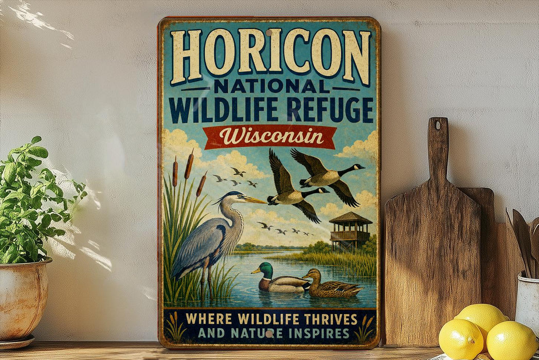 A vintage-style sign for the Horizon National Wildlife Refuge in Wisconsin, featuring illustrations of birds and wildlife in a natural setting.