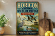 A vintage-style sign for the Horizon National Wildlife Refuge in Wisconsin, featuring illustrations of birds and wildlife in a natural setting.