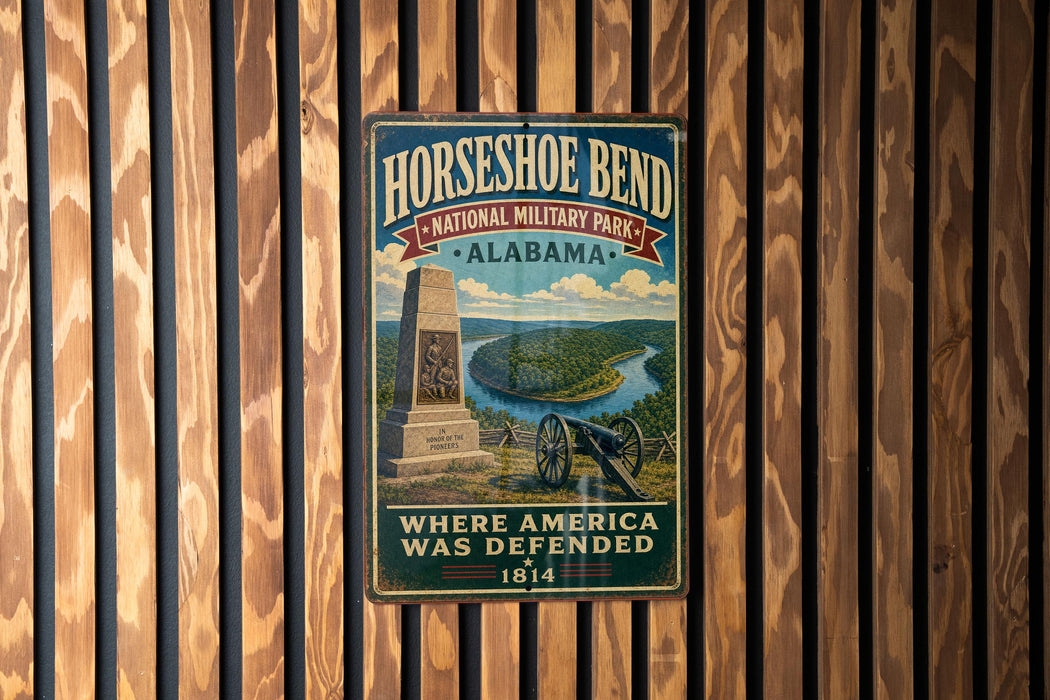 A vintage metal sign for Horseshoe Bend National Military Park in Alabama, featuring a cannon and a monument, mounted on a wooden wall.
