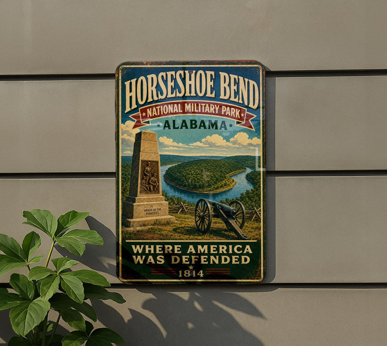 A vintage metal sign for Horseshoe Bend National Military Park in Alabama, featuring a cannon and a scenic landscape.