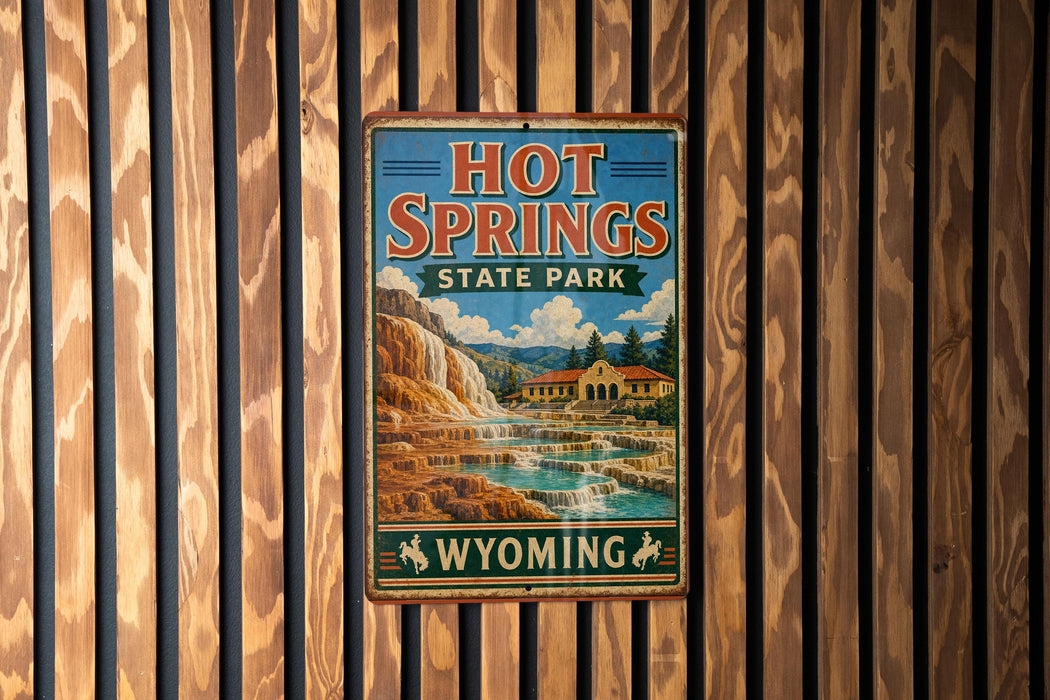 A vintage-style sign for Hot Springs State Park in Wyoming, featuring a scenic illustration of the park's natural beauty.