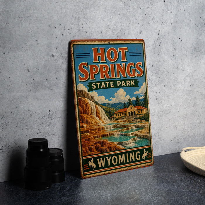 A vintage-style sign for Hot Springs State Park in Wyoming, featuring a scenic illustration of the park's natural beauty.