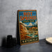 A vintage-style sign for Hot Springs State Park in Wyoming, featuring a scenic illustration of the park's natural beauty.