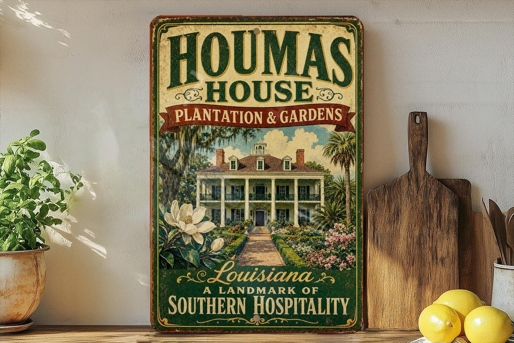 A vintage-style sign for "Houmas House Plantation & Gardens" in Louisiana, featuring a large illustration of a plantation house surrounded by lush greenery and flowers.