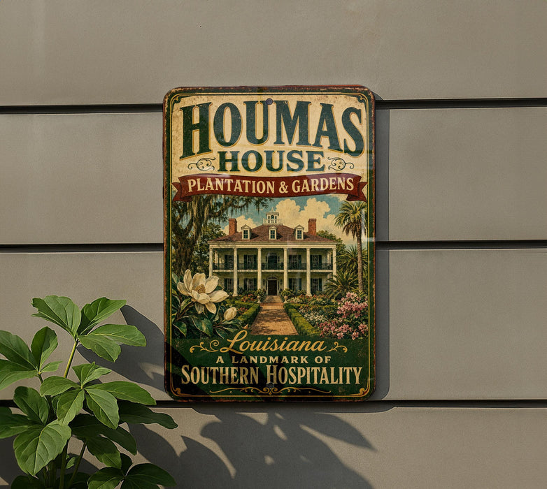 A vintage-style metal sign for the Housas House Plantation & Gardens, located in Louisiana, is displayed on a wall.
