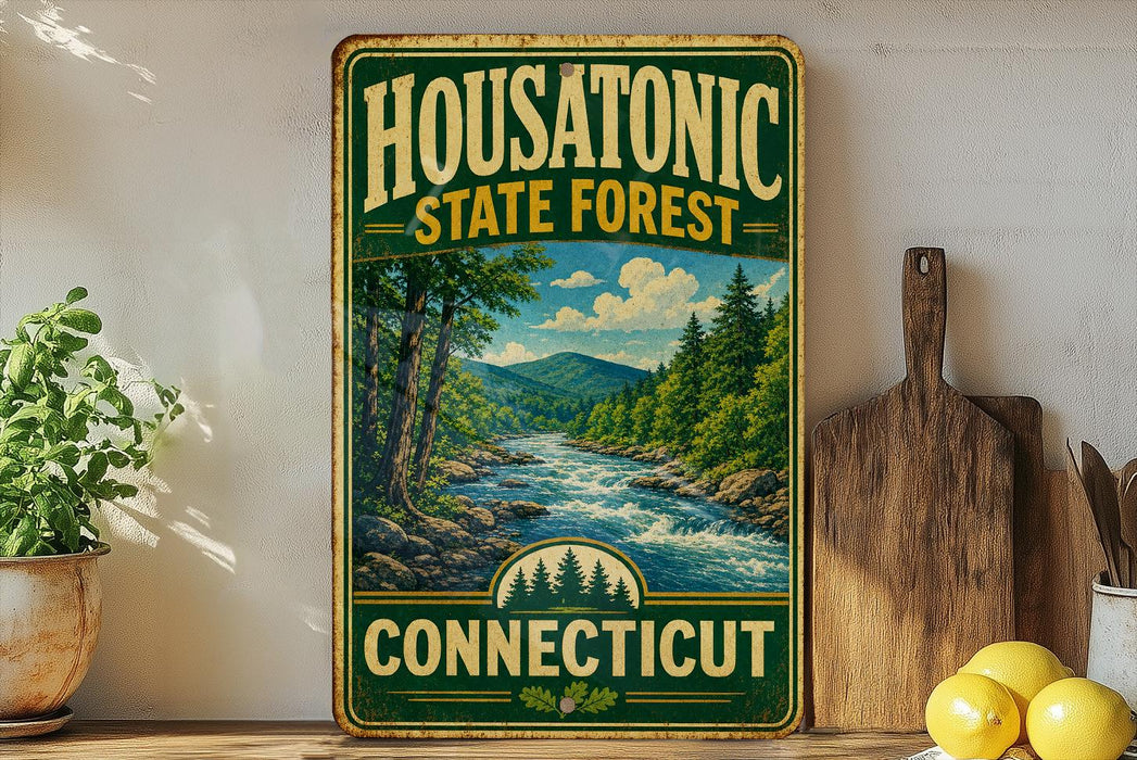 A vintage-style sign for Housatonic State Forest in Connecticut, featuring a scenic landscape with a river and mountains.