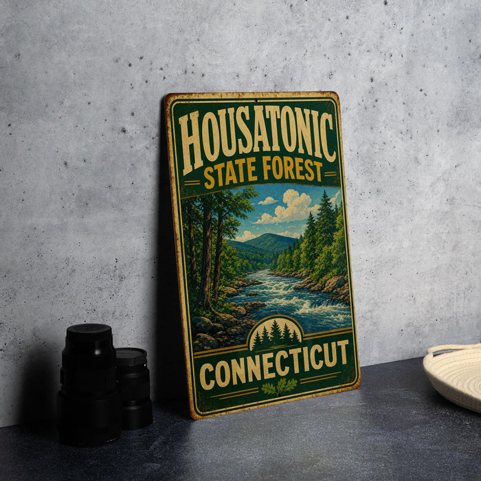 A vintage-style sign for Housatonic State Forest in Connecticut, featuring a scenic landscape with a river and pine trees.