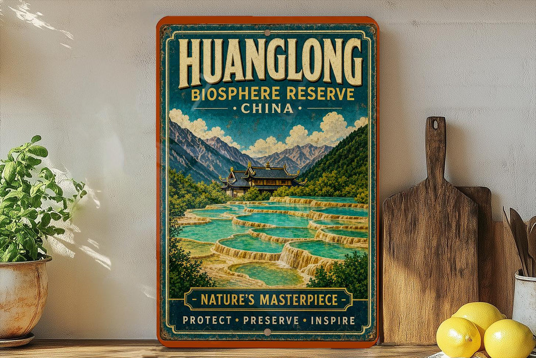 A vintage-style poster of the Huanglong Biosphere Reserve in China, featuring a scenic landscape with a hot spring and mountains in the background.