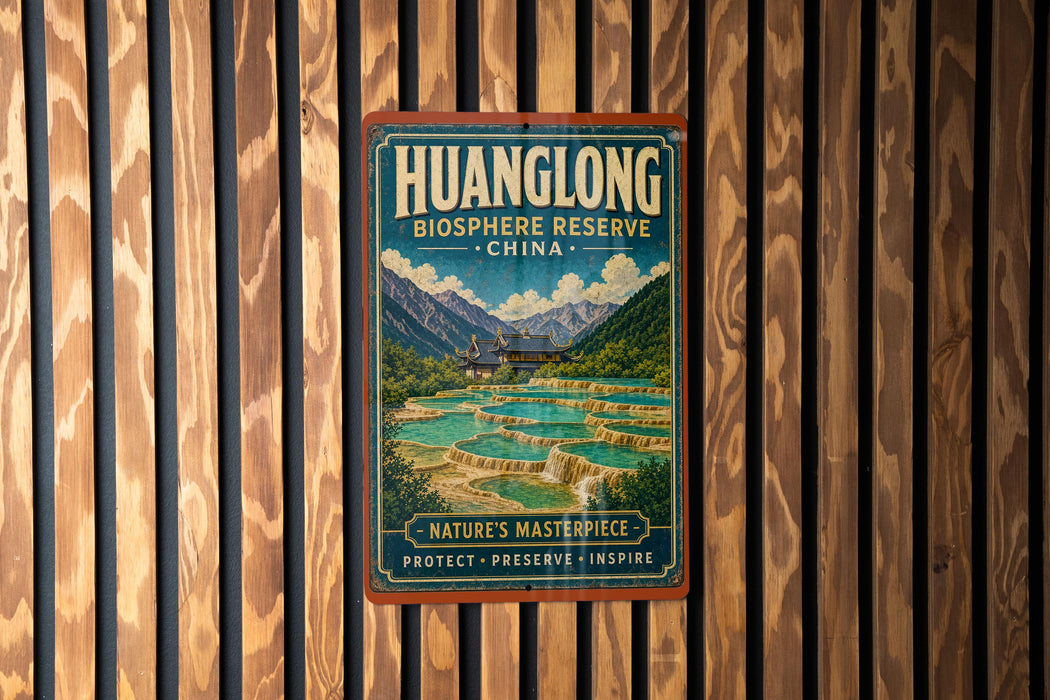 A vintage-style metal sign for the Huanglong Biosphere Reserve in China, featuring a scenic landscape with mountains, waterfalls, and a temple.