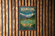 A vintage-style metal sign for the Huanglong Biosphere Reserve in China, featuring a scenic landscape with mountains, waterfalls, and a temple.