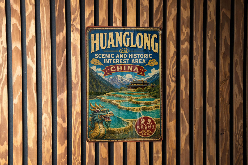 A vintage-style metal sign for the Hualong Scenic and Historic Interest Area in China, featuring a dragon and a waterfall.