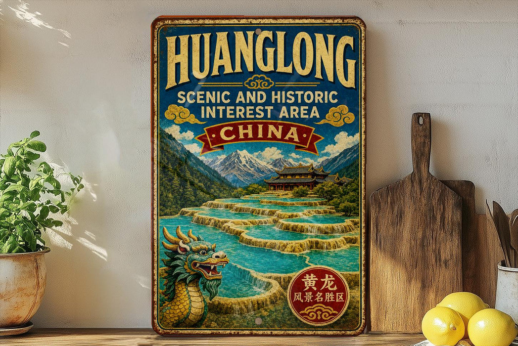 A vintage-style poster advertising the scenic and historic interest area of Huanglong, China, featuring a dragon and a waterfall.