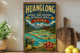 A vintage-style poster advertising the scenic and historic interest area of Huanglong, China, featuring a dragon and a waterfall.
