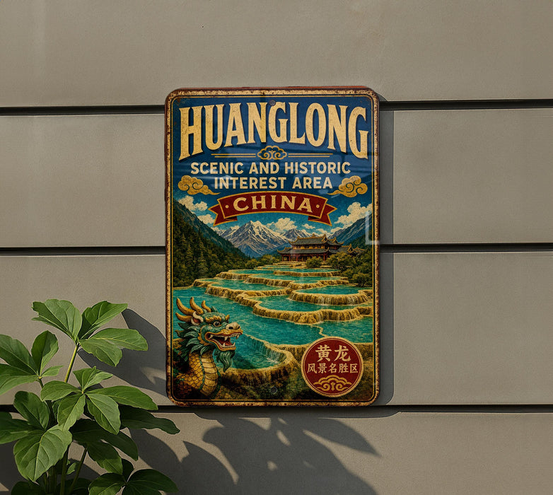 A vintage-style metal sign with a dragon illustration and text, mounted on a wall next to a plant.