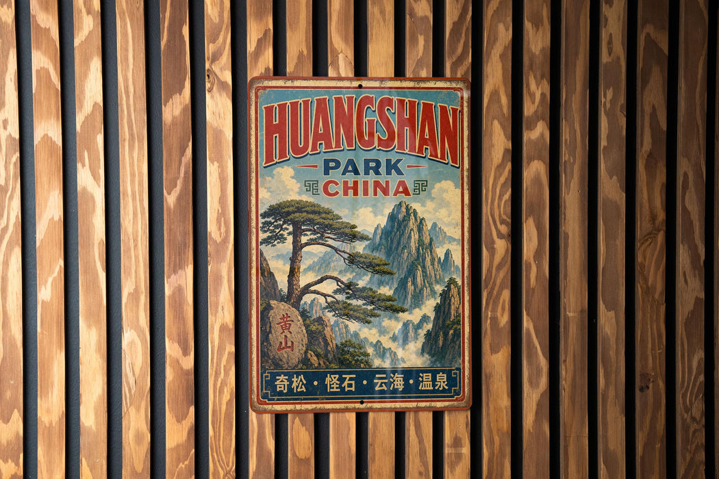 A vintage metal sign with the text "HUANGSHAN PARK CHINA" and a landscape image of mountains and trees, mounted on a wooden wall.