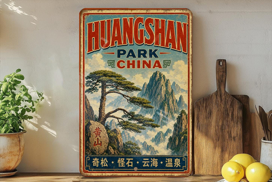 A vintage-style poster advertising Huangshan Park in China, featuring a scenic mountain landscape with a pine tree.