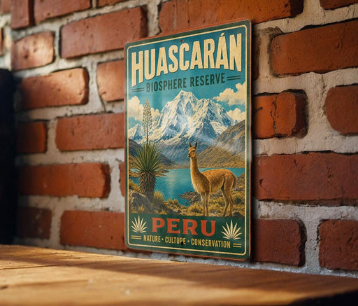A vintage-style metal sign with a mountain landscape and a llama, mounted on a brick wall.