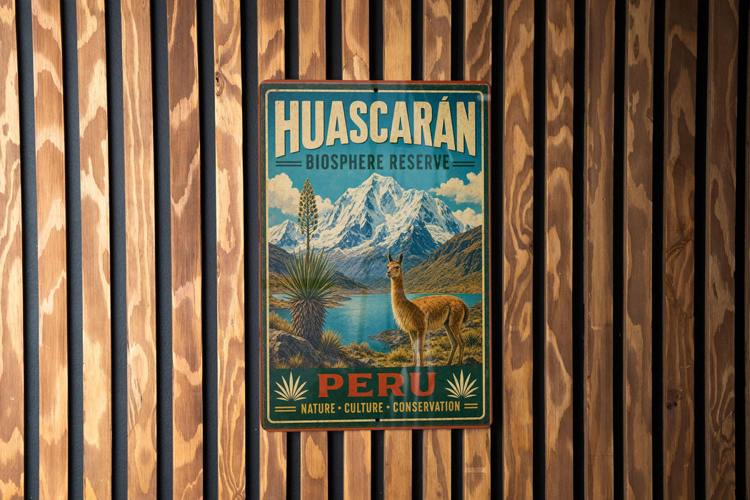 A vintage-style metal sign for Huascaran Biosphere Reserve in Peru, featuring a llama and a mountain landscape.