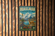 A vintage-style metal sign for Huascaran Biosphere Reserve in Peru, featuring a llama and a mountain landscape.