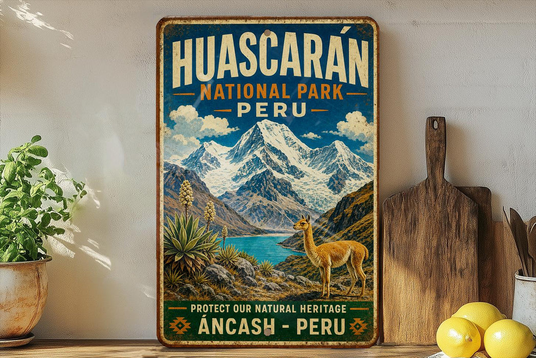 A vintage-style poster for Huascaran National Park in Peru, featuring a mountain landscape with a llama and text promoting the protection of the park's natural heritage.