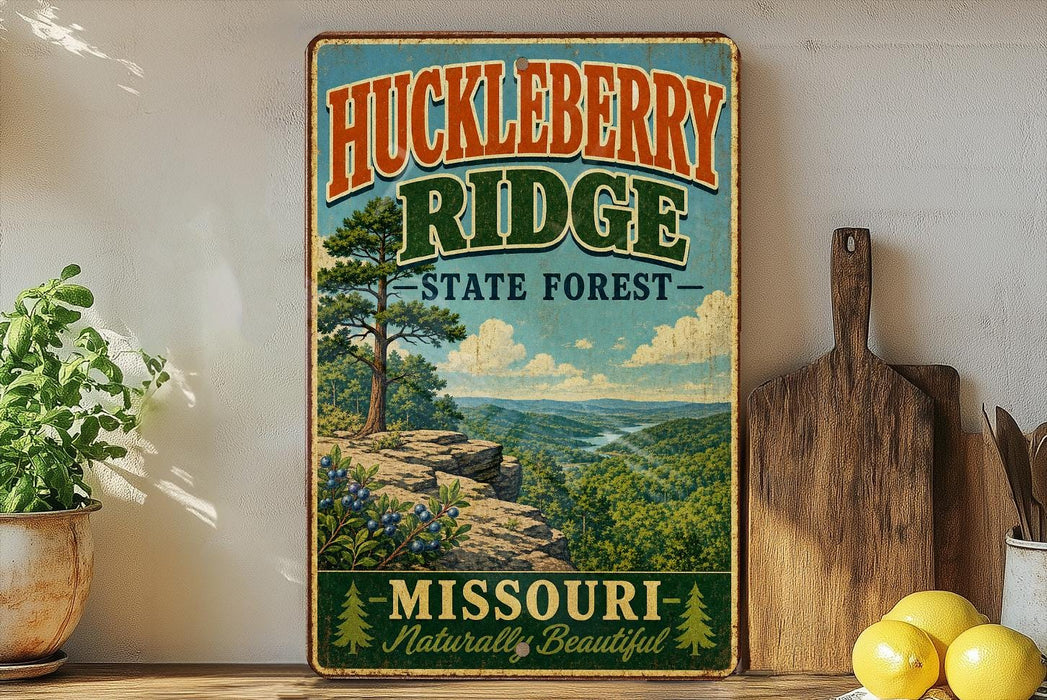 A vintage-style sign for Huckleberry Ridge State Forest in Missouri, featuring a scenic mountain landscape with pine trees and a river.