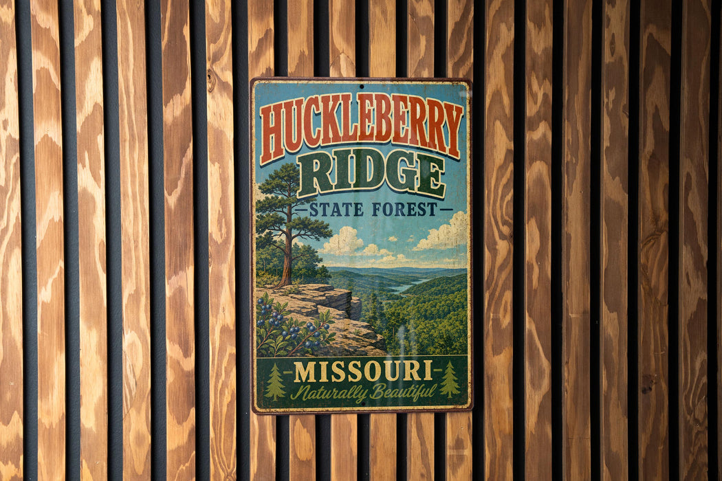 A vintage metal sign for Huckleberry Ridge State Forest in Missouri, featuring a scenic landscape with a mountain, trees, and a river.