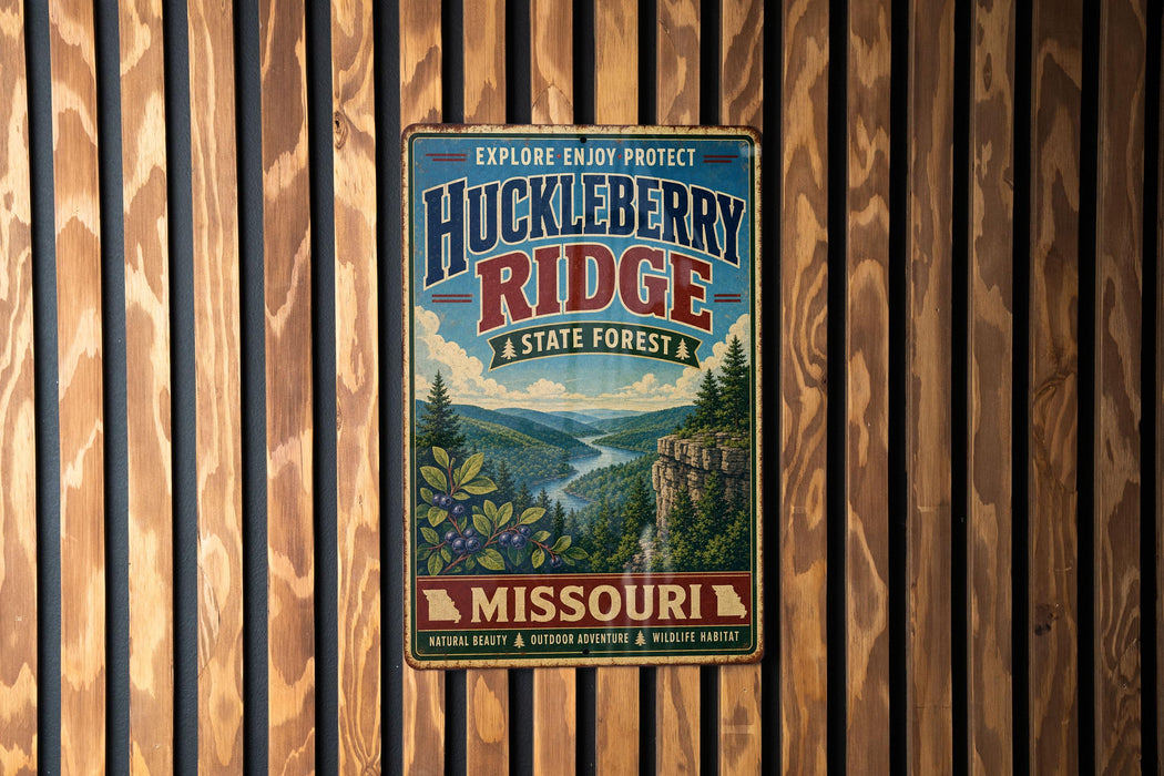 A vintage metal sign for Huckleberry Ridge State Forest in Missouri, featuring a scenic illustration of the forest and a river.