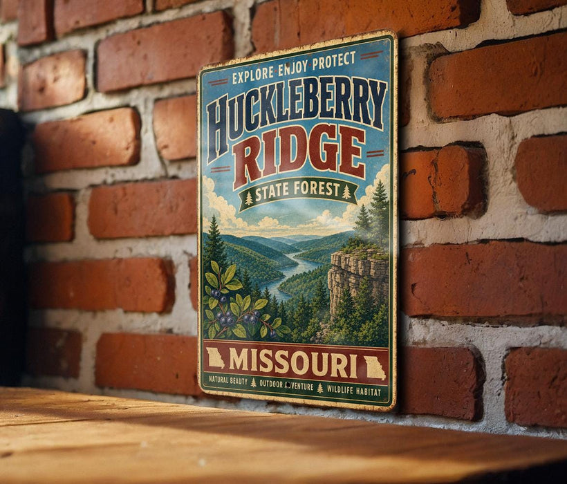 A vintage-style metal sign for the Hickory Berry Ridge State Forest in Missouri, featuring a scenic illustration of the forest and mountains.