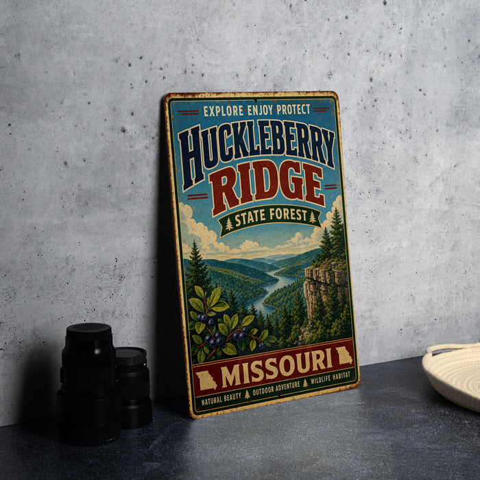 A vintage-style metal sign for the Missouri State Forest, featuring a scenic illustration of the Huckleberry Ridge with a river and forest in the background.
