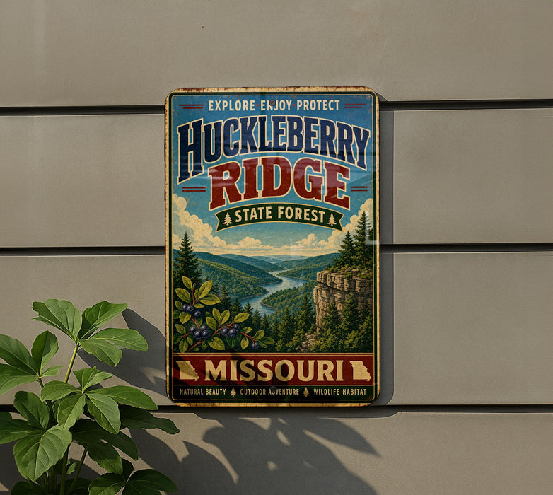 A vintage-style metal sign for Huckleberry Ridge State Forest in Missouri, featuring a scenic mountain landscape with pine trees and a river.