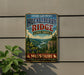 A vintage-style metal sign for Huckleberry Ridge State Forest in Missouri, featuring a scenic mountain landscape with pine trees and a river.