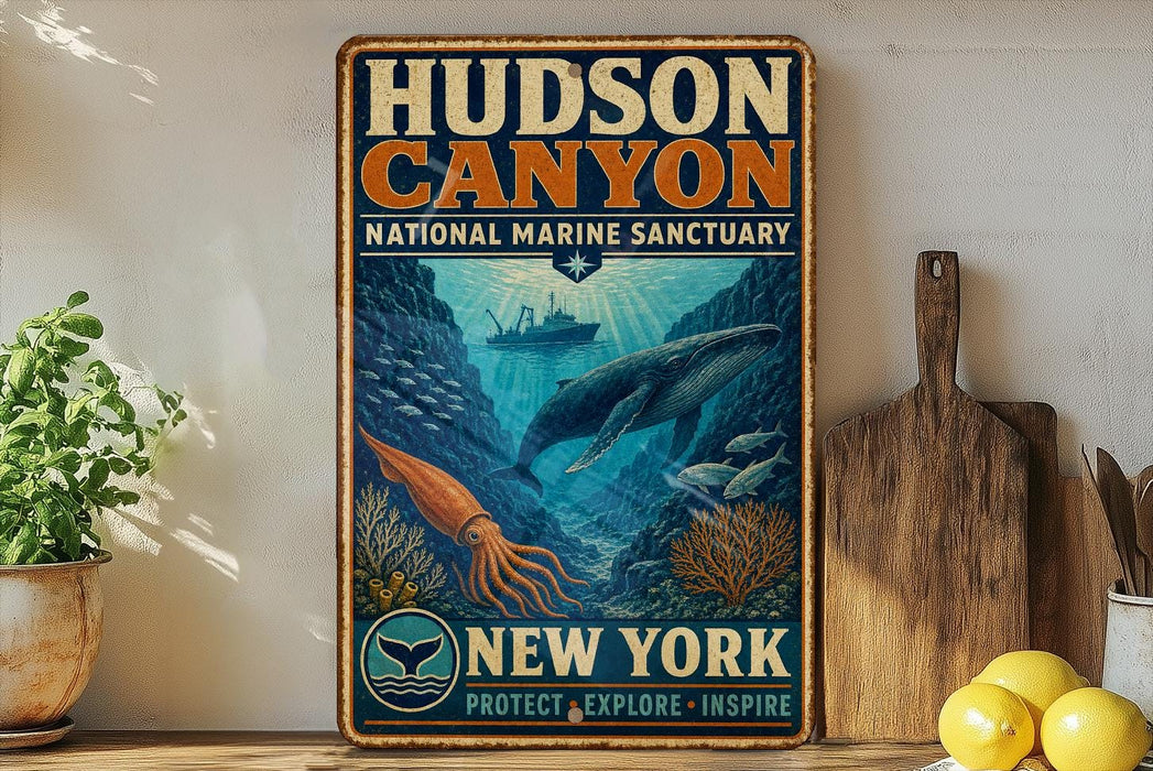 A vintage-style metal sign for Hudson Canyon National Marine Sanctuary, featuring an illustration of marine life and the text "New York" and "Protect, Explore, Inspire".