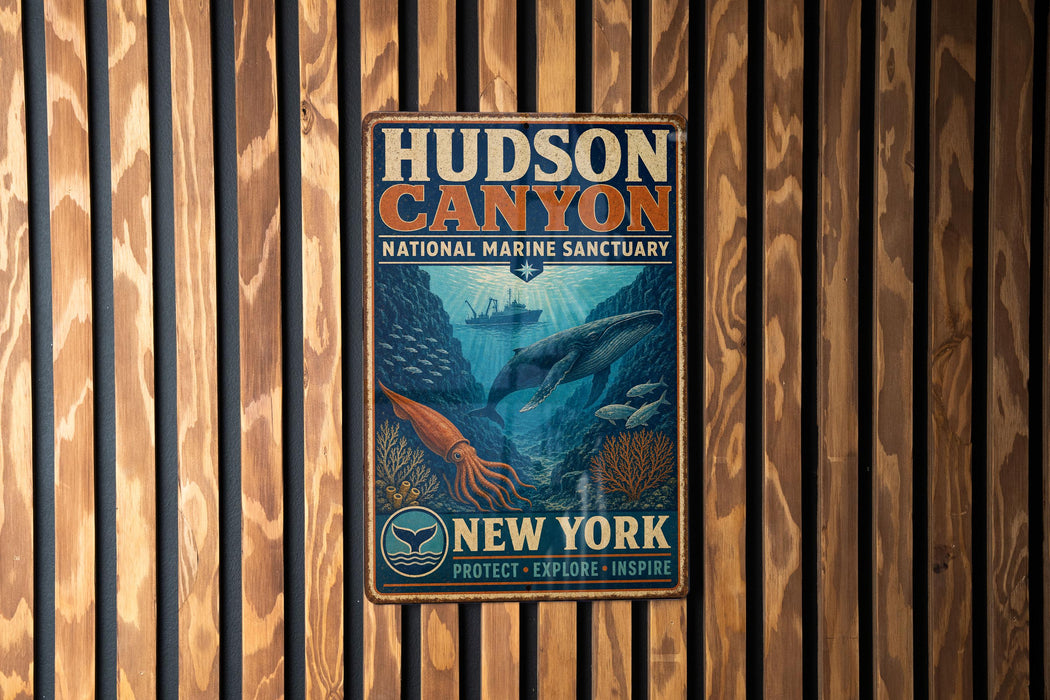 A vintage metal sign for Hudson Canyon National Marine Sanctuary, featuring an illustration of underwater marine life and the text "Hudson Canyon National Marine Sanctuary" and "New York".