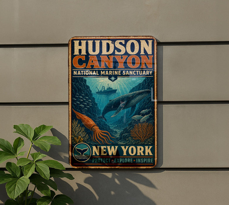A vintage-style metal sign for Hudson Canyon National Marine Sanctuary, featuring an illustration of marine life and the text "New York" and "Protect & Explore - Inspire".