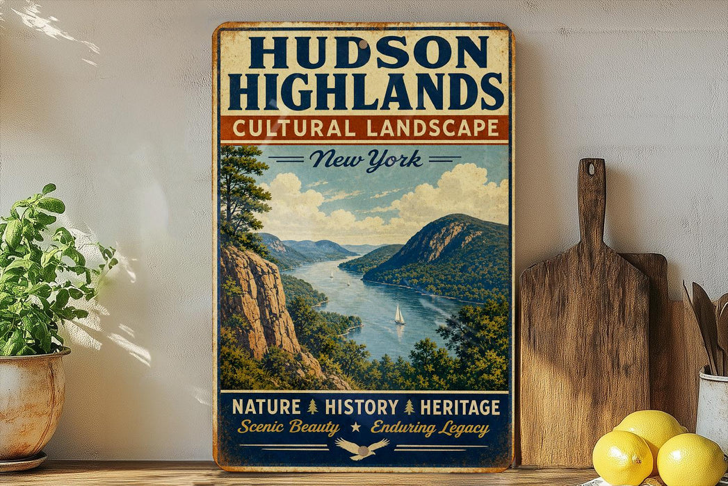 A vintage-style sign for Hudson Highlands, New York, featuring a scenic landscape with mountains, a river, and a sailboat.
