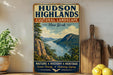 A vintage-style sign for Hudson Highlands, New York, featuring a scenic landscape with mountains, a river, and a sailboat.