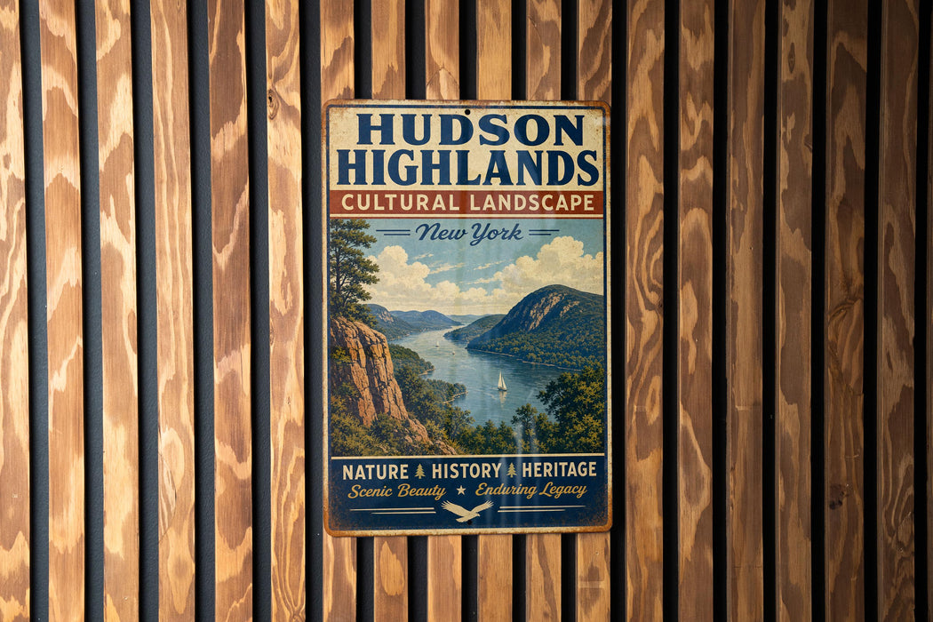 A vintage-style sign for Hudson Highlands Cultural Landscape, featuring a scenic mountain landscape with a river and a sailboat.