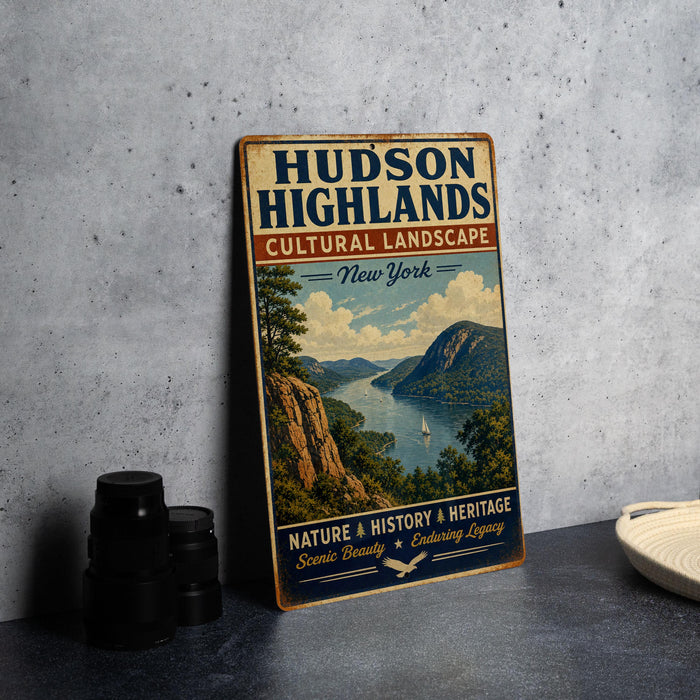 A vintage-style sign for Hudson Highlands, New York, featuring a scenic landscape with mountains, a river, and a sailboat.